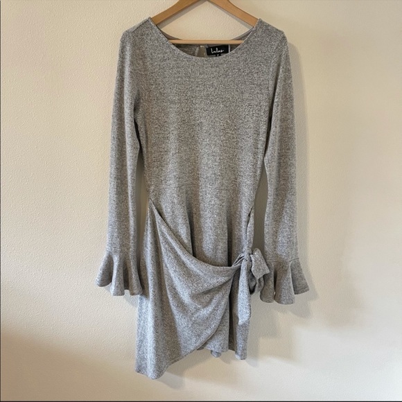 Lulu’s Favorite Tune Heather Grey Faux Wrap Sweater Dress Bell Sleeve Gray-M - Picture 3 of 11